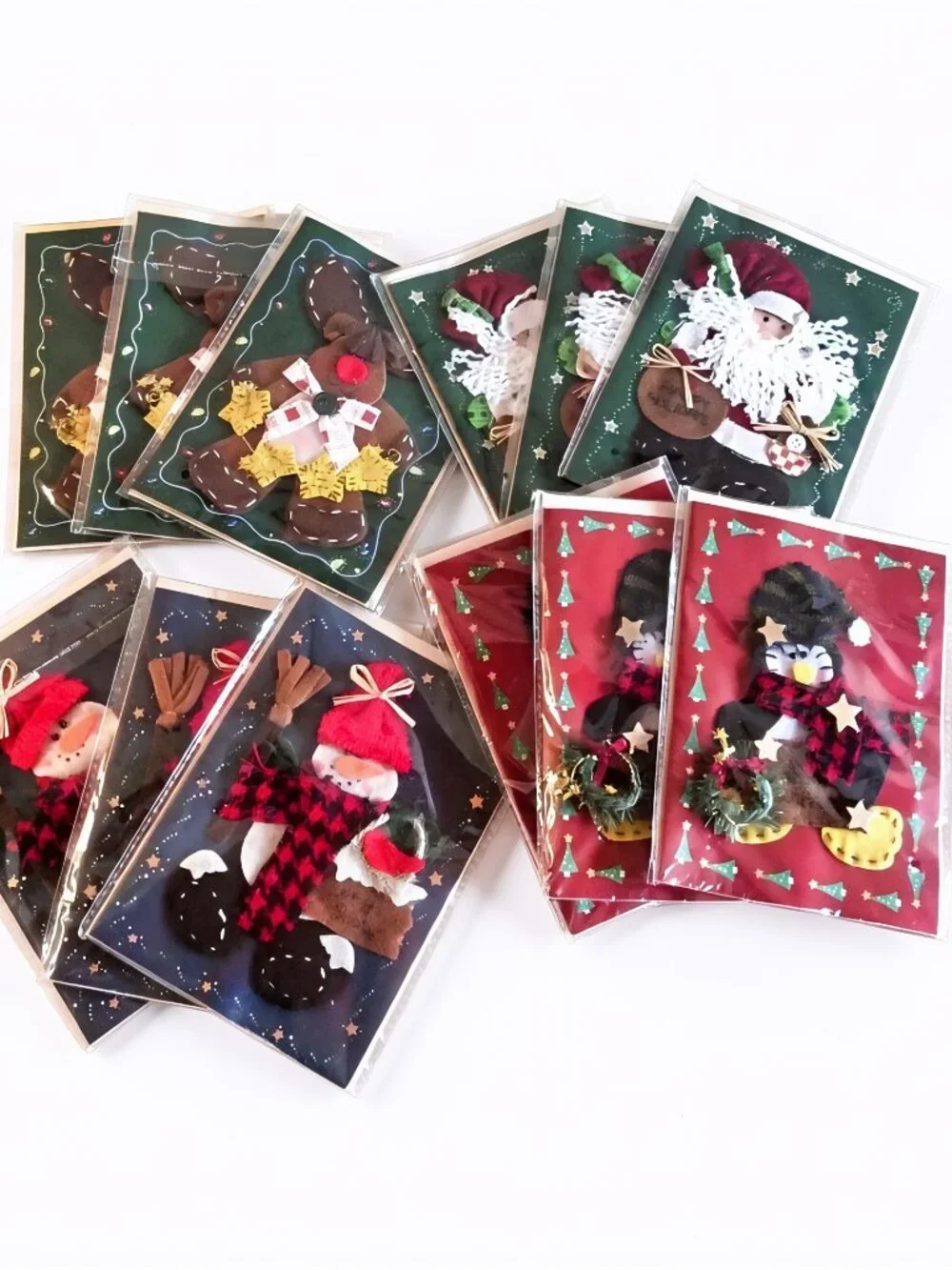 Handmade Felt Christmas Cards Set 12 Santa Snowman Penguin Reindeer w/Envs